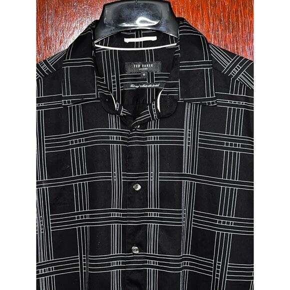 TED BAKER BLACK WHITE STRIPED CHECK STRETCH SHIRT TED SIZE 4 / L / LARGE - Picture 1 of 3